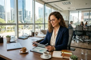 Especialista em BPO financeiro analisando relatórios de fluxo de caixa e conciliação de empresa digital
