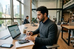 Consultor calculando Fator R no Simples Nacional para otimização tributária de empresa digital