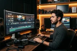 Videomaker e editor de vídeo em ilha de edição profissional estruturando produtora digital e notas fiscais